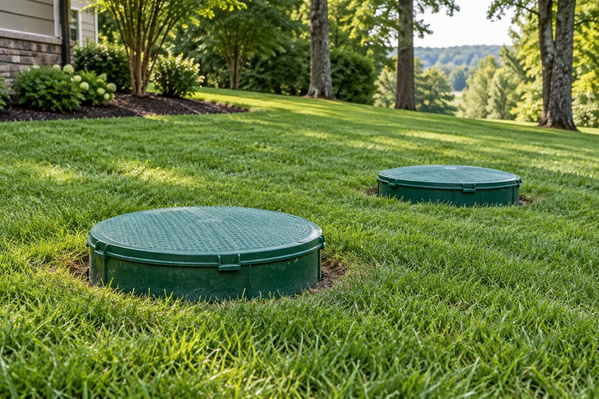 Closed septic access lids in a maintained residential yard