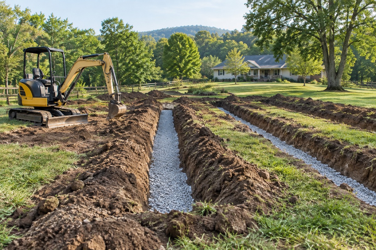 Compact excavator beside prepared gravel drainage trenches in a residential yard