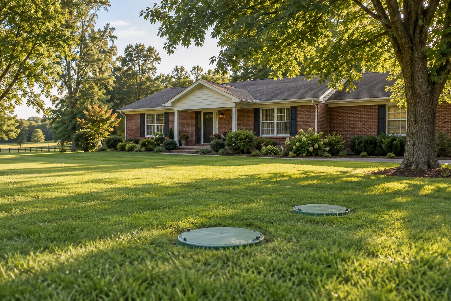 Illustrative Tennessee home and lawn with closed septic access lids