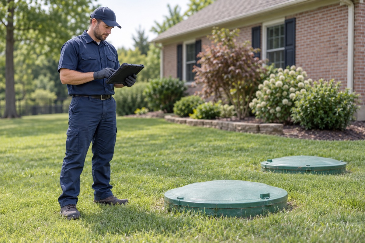 Illustrative technician reviewing a tablet beside closed septic access lids