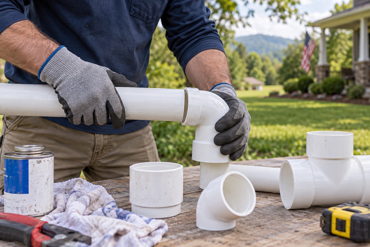Gloved hands fitting a replacement PVC pipe section at an outdoor workbench