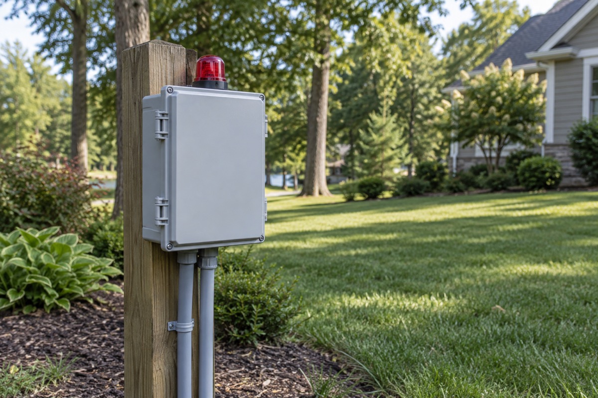 Closed weatherproof septic pump control box with a red alarm beacon