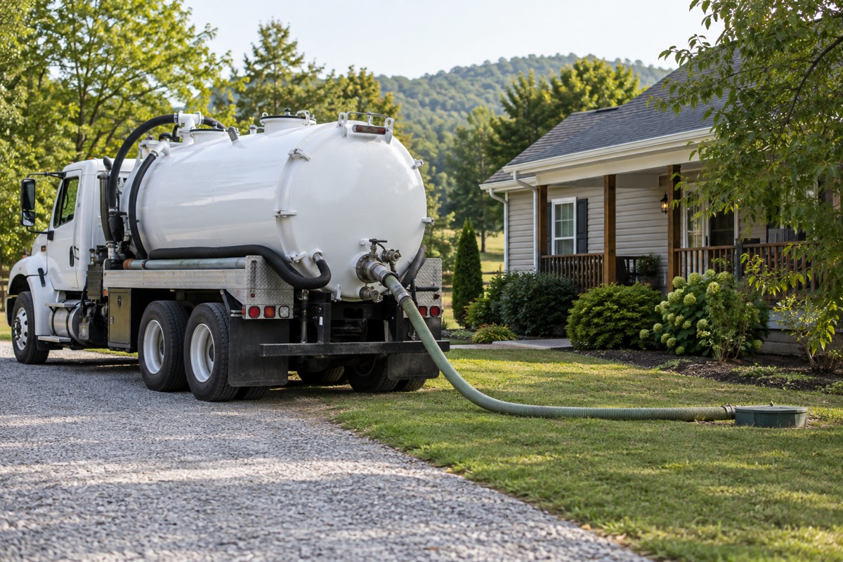 Septic vacuum truck and hose beside a residential lawn